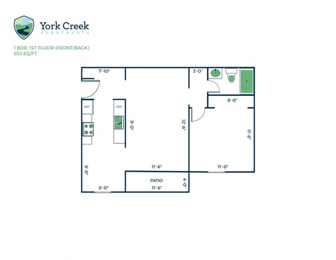 Floor plan for 1 bed, 1 bath, 653 sqft